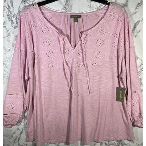 Style & Co Womens Pink Eyelet Embroidered Peasant Blouse 3/4 Sleeve Size 3X